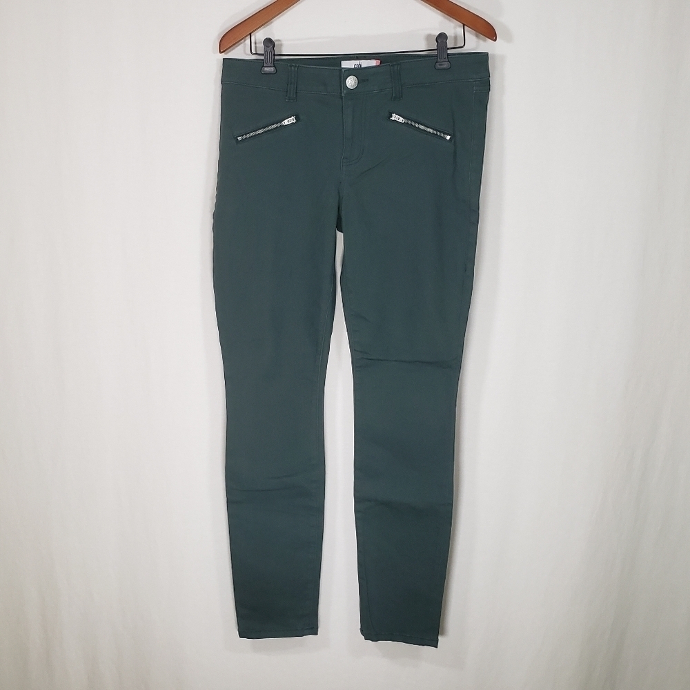 Cabi Hunter Green Moto Zip Mid Rise Skinny Jeans Style #3388 Size 10